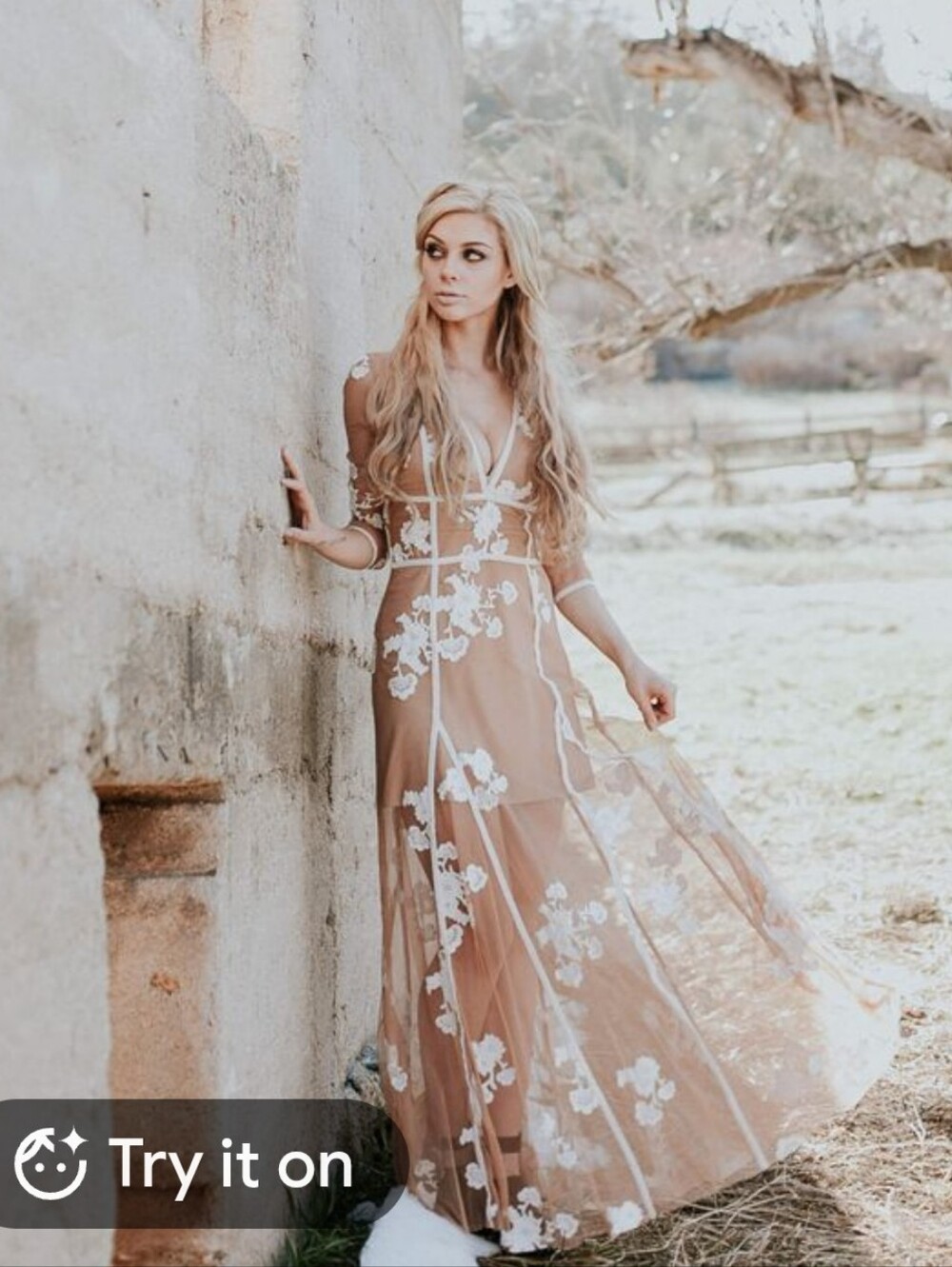 Elenora Sheer Floral Maxi Dress in Nude with White Appliqué For Love And Lemons